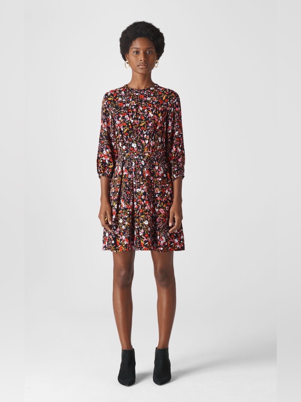 New NWT Whistles London Meadow Print Flippy Dress Black Multi Floral Size US 4